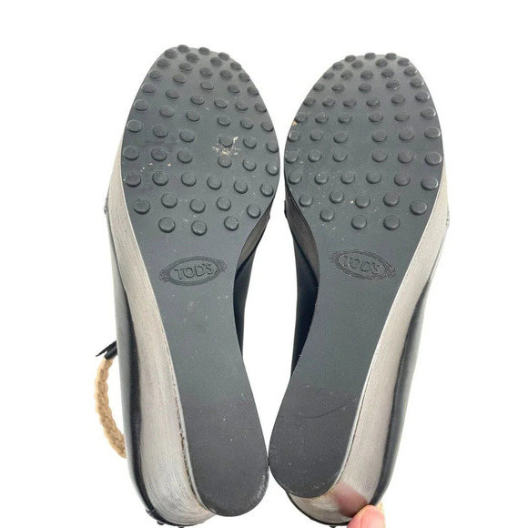 TOD'S Womens size US 7 Black Leather Platform Wedge Shoes Strap EU 37 Dust Bag - Picture 12 of 16